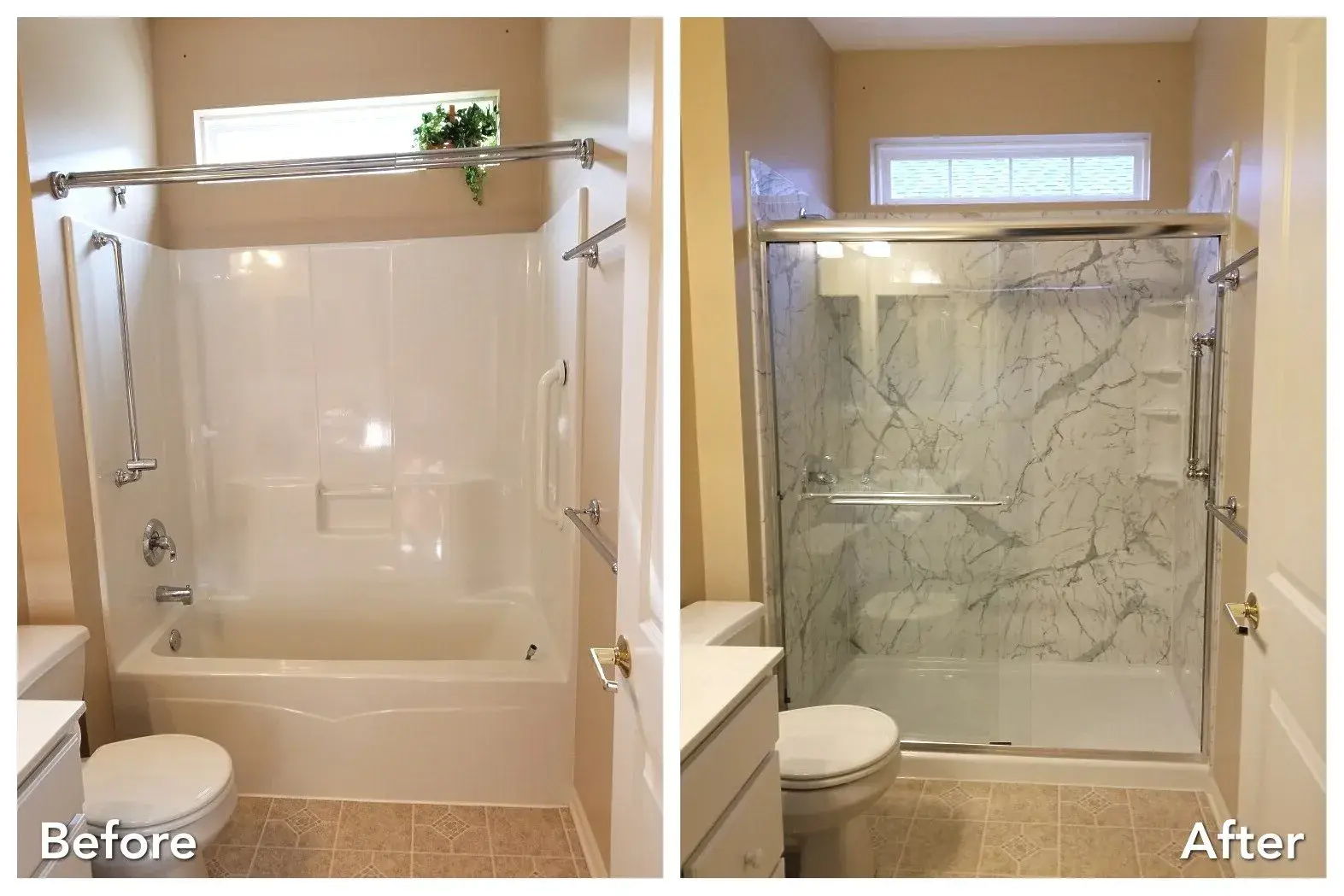 Marble tub-to-shower conversion in Huntington, Suffolk County — before and after