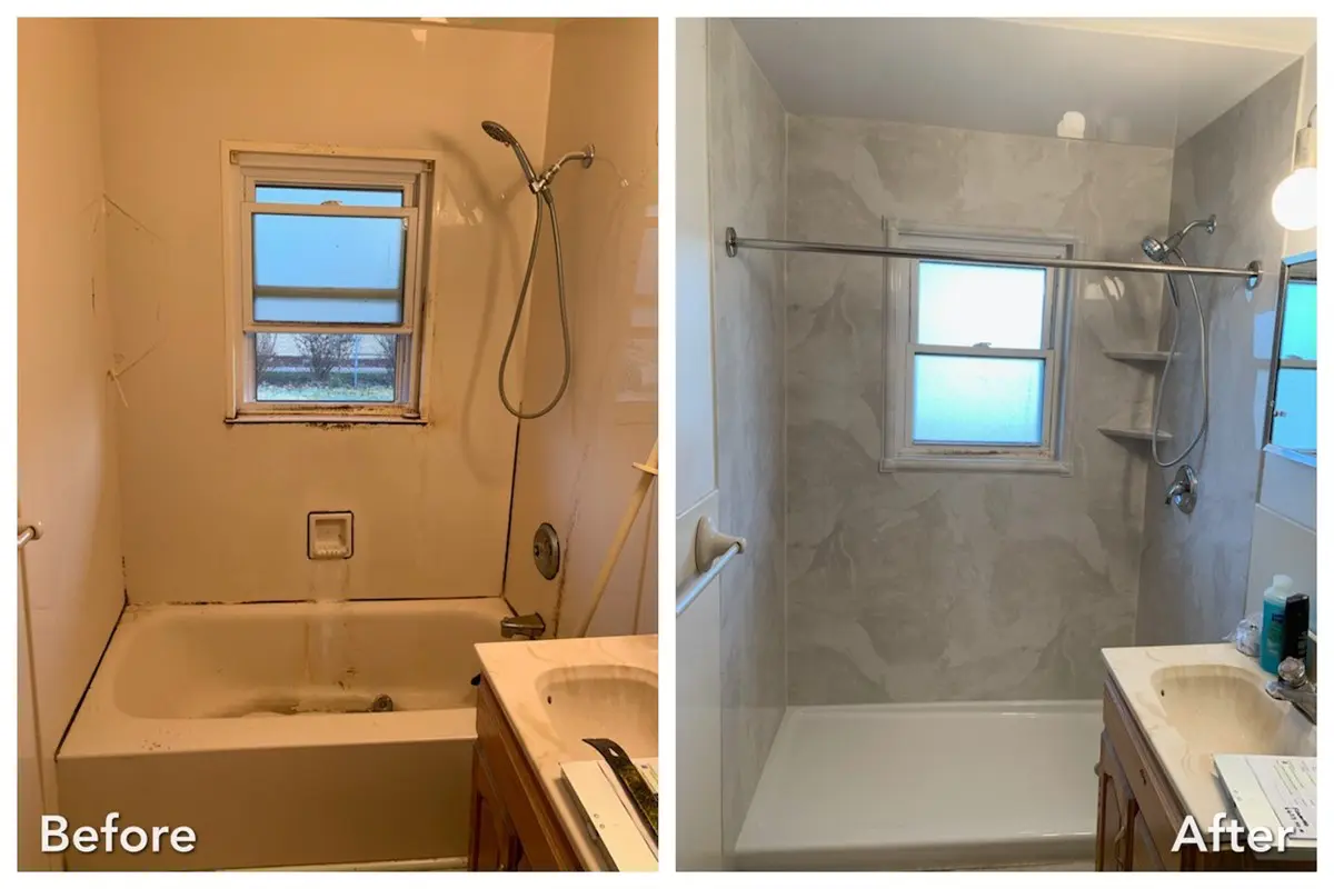 Stone walk-in shower installation in Farmingdale, Long Island — before and after