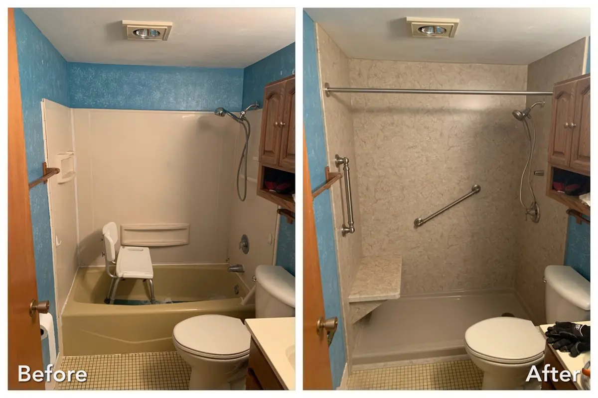 Blue-walled green tub converted to stone shower with grab bars — before and after