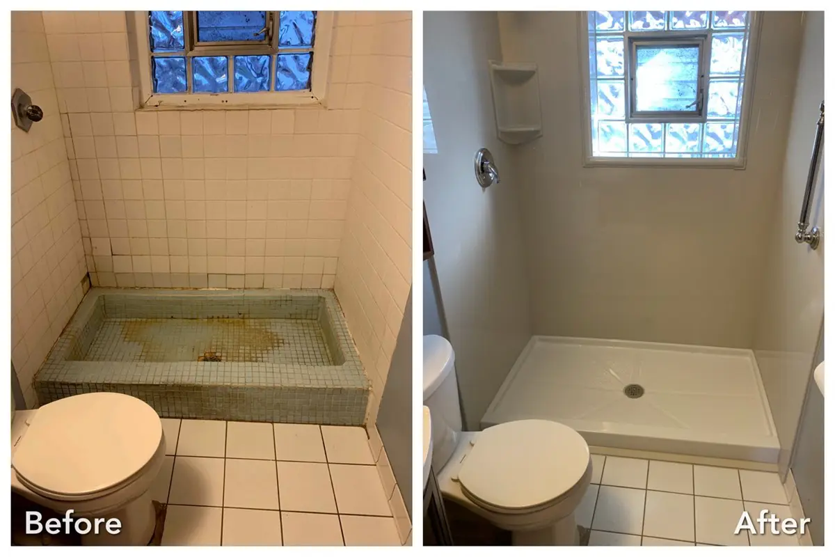 Grimy tile basin replaced with clean white shower pan — before and after