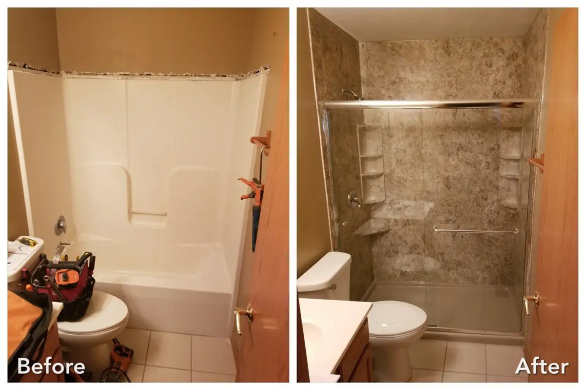 Demolished tub rebuilt into stone surround with glass doors — before and after