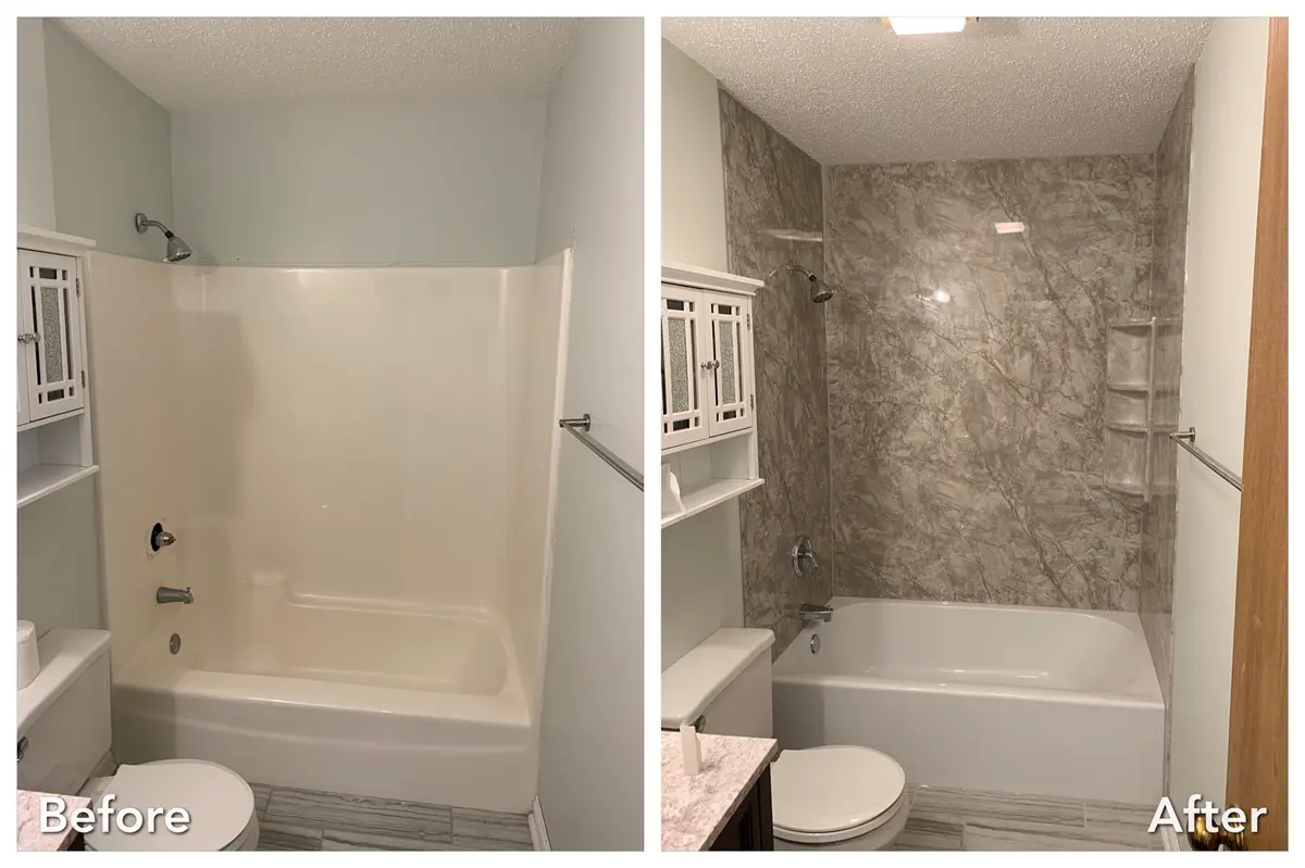 Plain white tub upgraded to gray stone surround with dark vanity — before and after