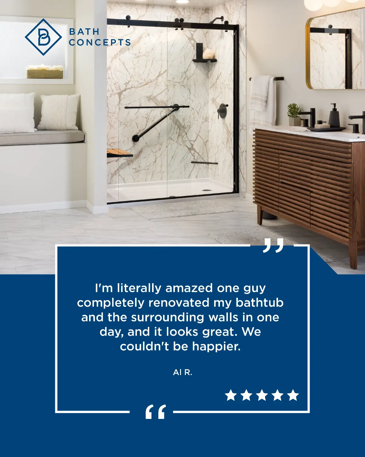 Modern bathroom with marble shower and wooden vanity