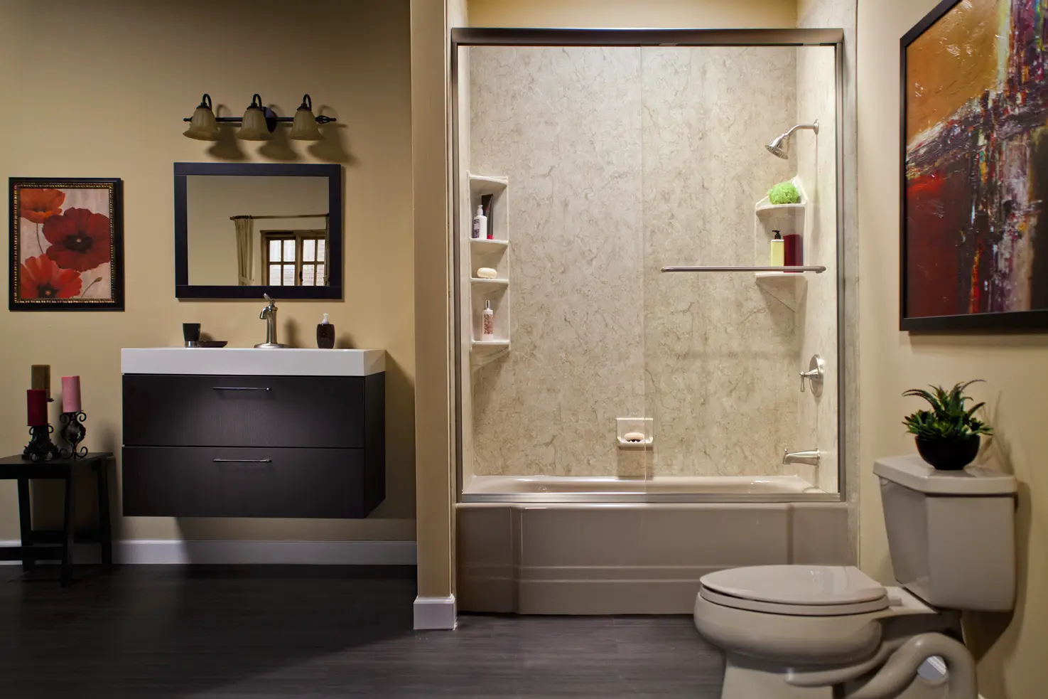Sandbar Pia bathtub with brecchia smooth walls and brushed nickel fixtures in tan bathroom