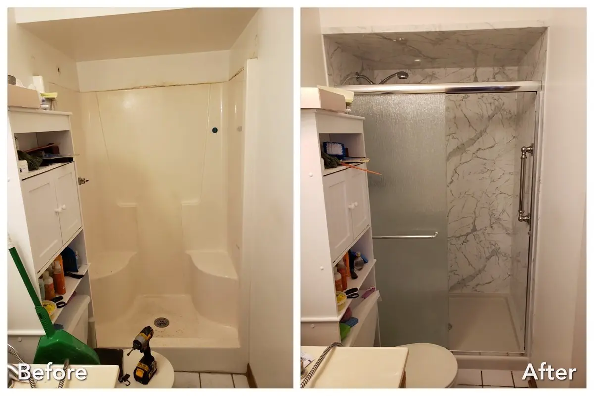 Shower stall upgraded with marble surround and frosted glass door — before and after
