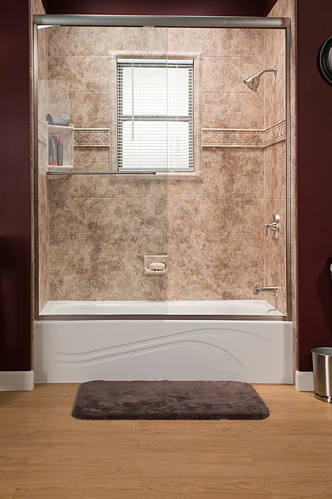 Wave tub with river rock tile walls, window kit, and brushed nickel hardware