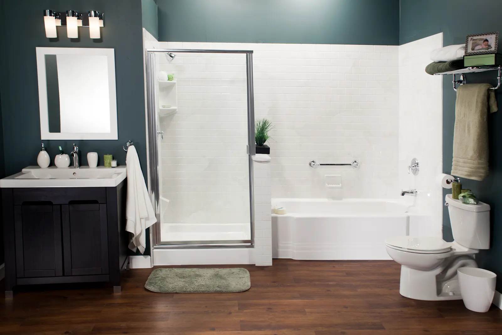 White bath and shower with subway tile and chrome fixtures