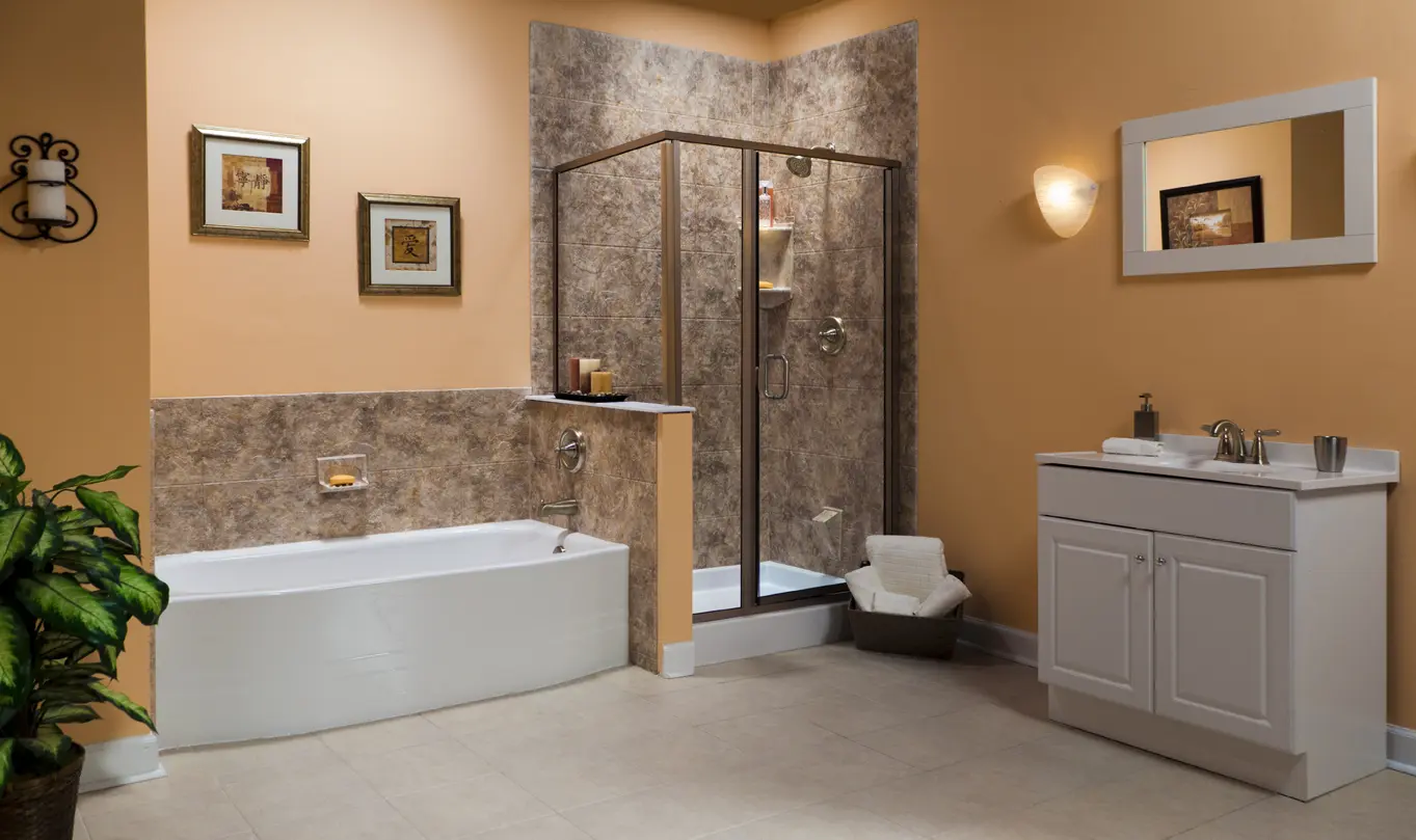 White curved 19-inch soaker bathtub paired with white shower base