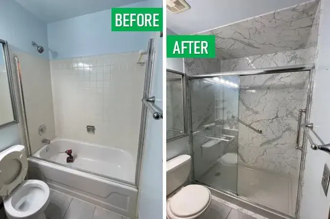 Before and after: Blue Tile to Marble Shower in Seaford, Nassau County