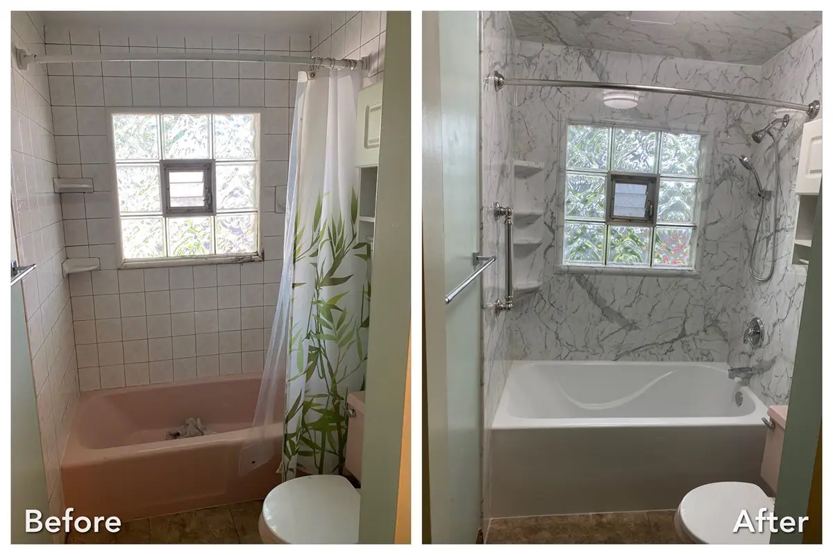 Before and after: Pink Tub to Marble with Glass Block Window in Herricks, Nassau County